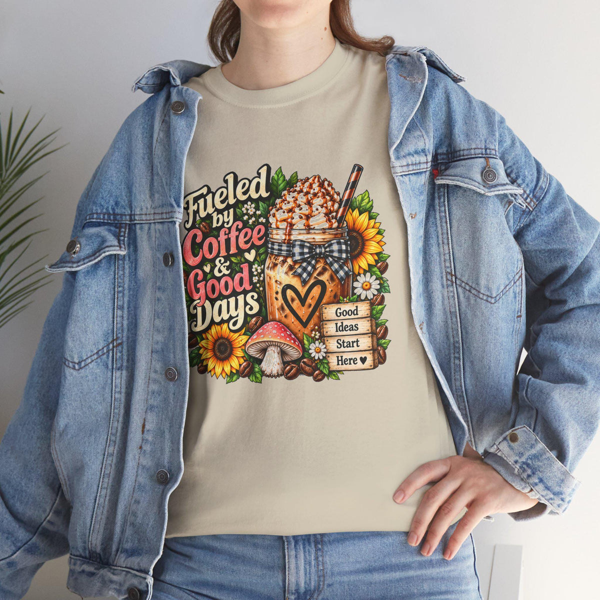 Fueled by Coffee & Good Days Tee | Coffee Cup, Sunflowers, Retro Cozy Design
