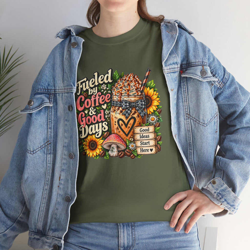 Fueled by Coffee & Good Days Tee | Coffee Cup, Sunflowers, Retro Cozy Design