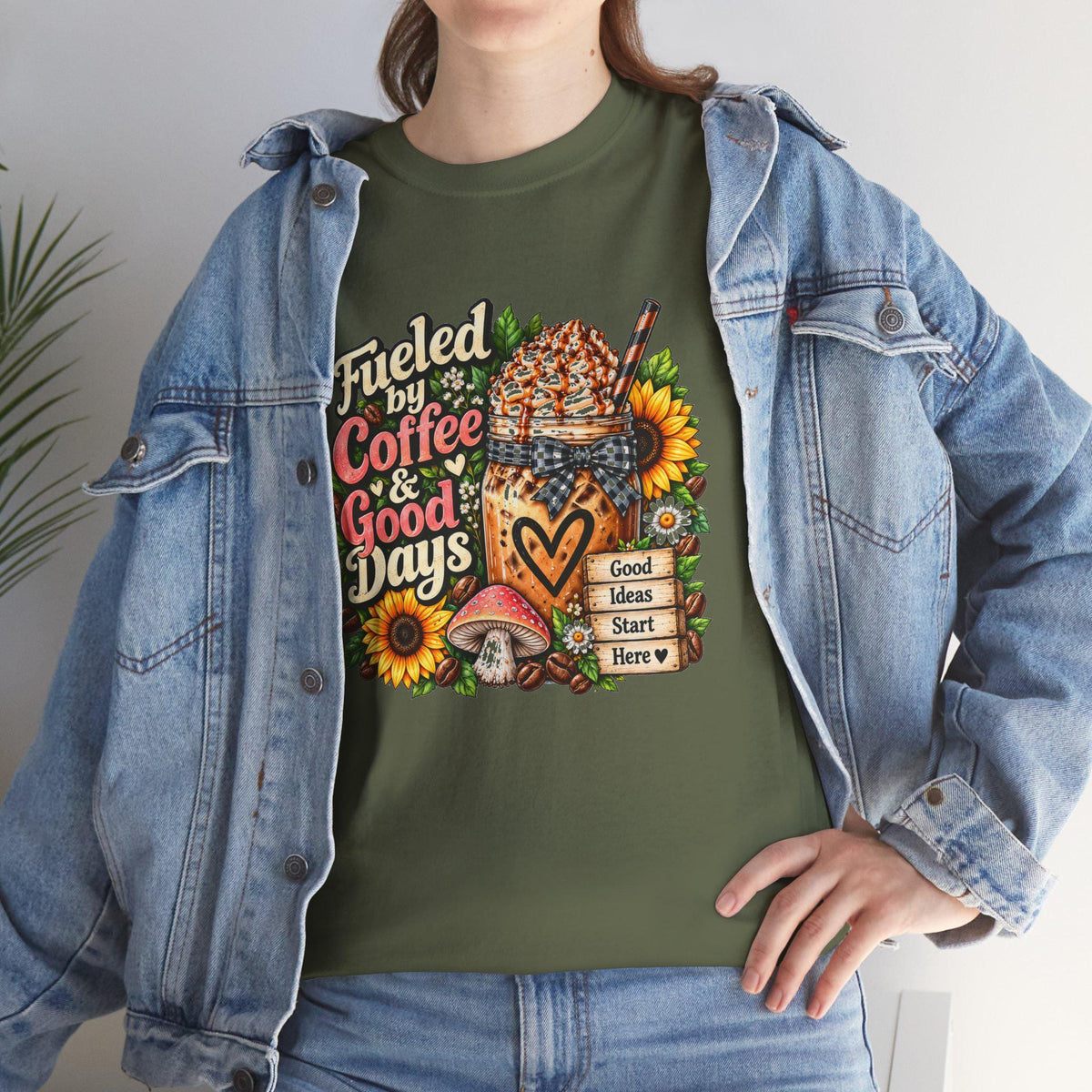 Fueled by Coffee & Good Days Tee | Coffee Cup, Sunflowers, Retro Cozy Design