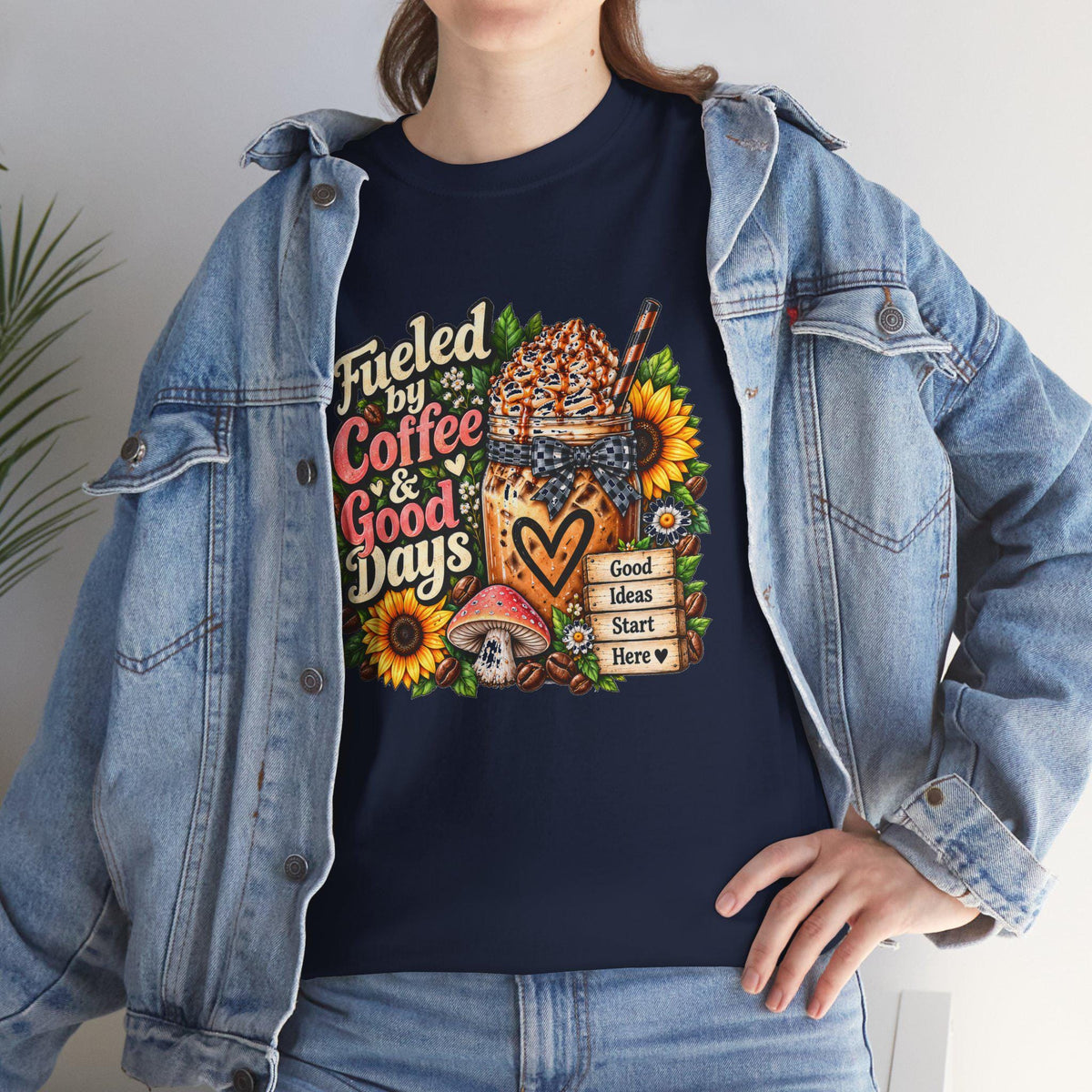 Fueled by Coffee & Good Days Tee | Coffee Cup, Sunflowers, Retro Cozy Design