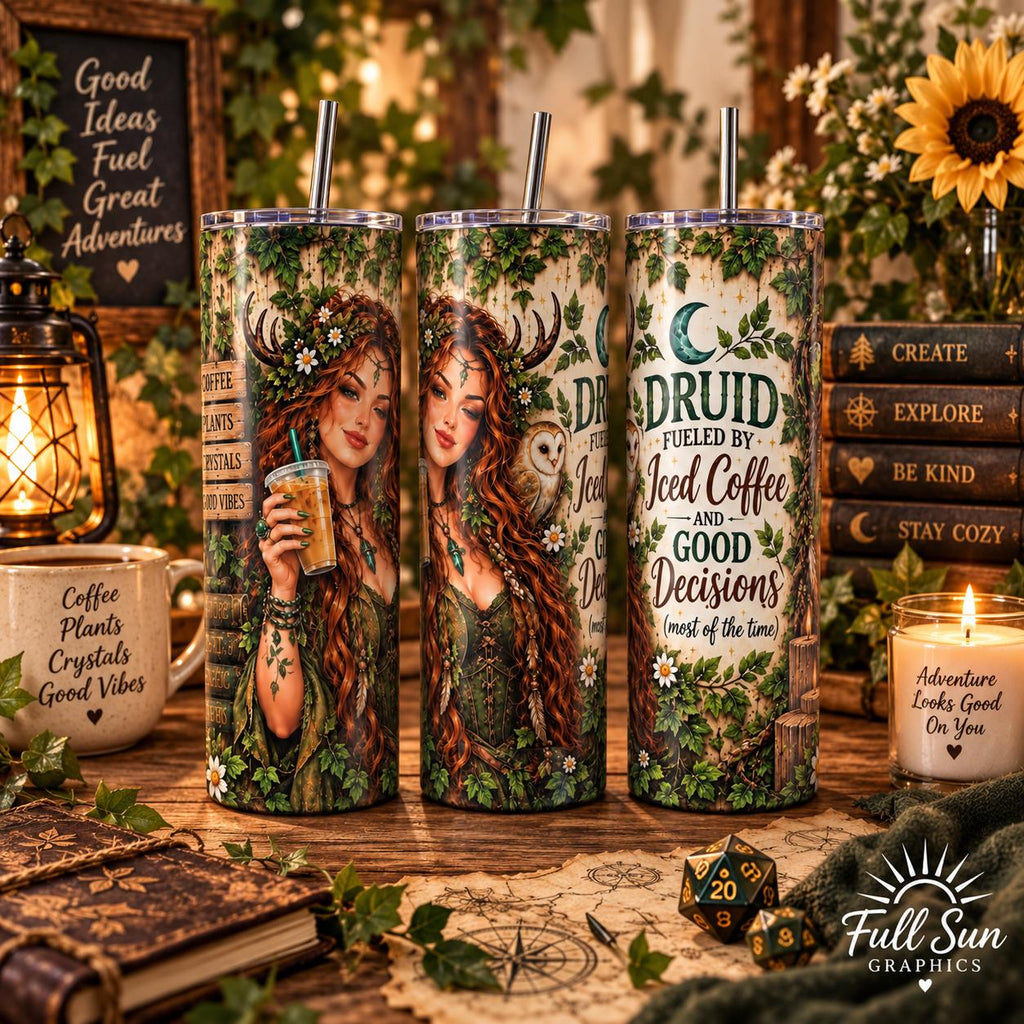 Druid Coffee Tumbler with Straw, Whimsical Fantasy Stainless Steel Insulated Cup, 20oz Skinny Mug