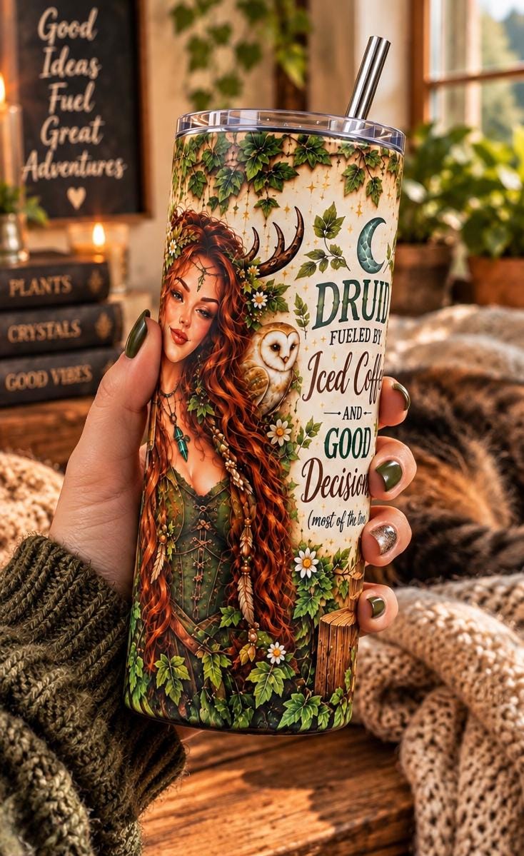 Druid Coffee Tumbler with Straw, Whimsical Fantasy Stainless Steel Insulated Cup, 20oz Skinny Mug