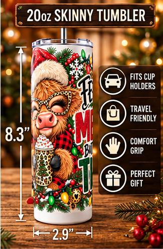 Funny Christmas Highland Cow Skinny Tumbler, Feeling Merry But Mostly Tired