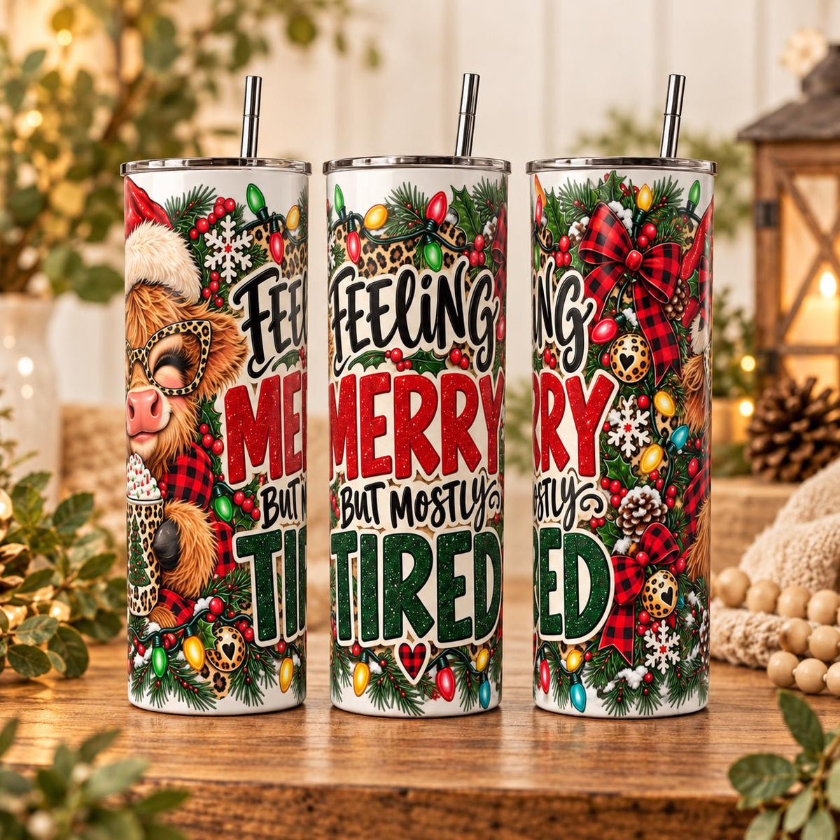 Funny Christmas Highland Cow Skinny Tumbler, Feeling Merry But Mostly Tired