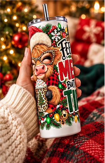 Funny Christmas Highland Cow Skinny Tumbler, Feeling Merry But Mostly Tired
