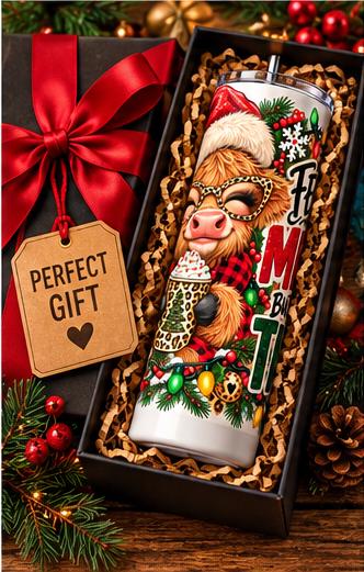 Funny Christmas Highland Cow Skinny Tumbler, Feeling Merry But Mostly Tired