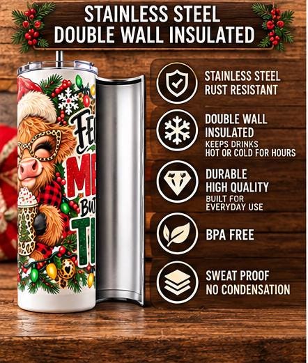 Funny Christmas Highland Cow Skinny Tumbler, Feeling Merry But Mostly Tired