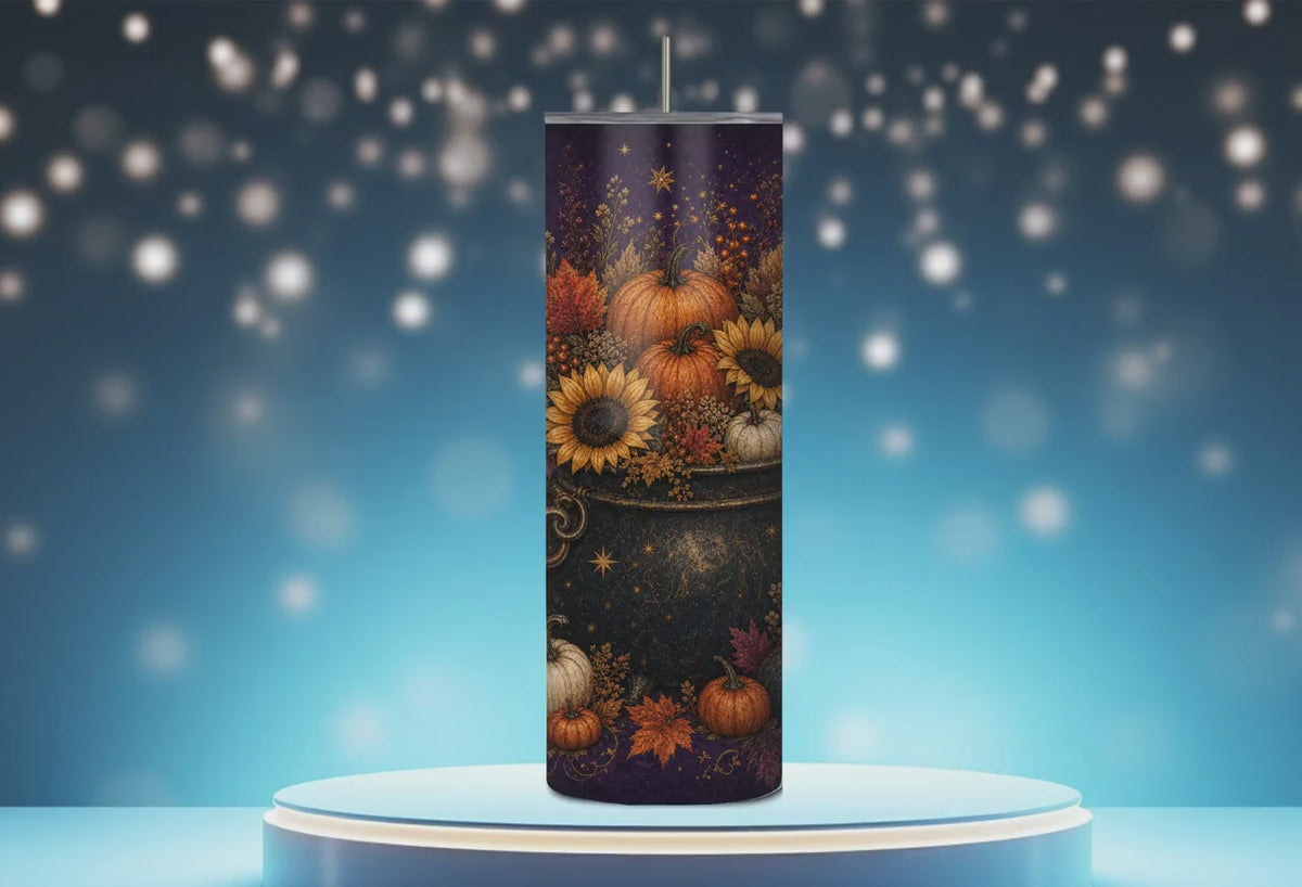 Fall Pumpkin Skinny, Celestial Cottagecore Tumbler | Stainless Steel With Straw | 20oz, Midnight-Blue Sunflower