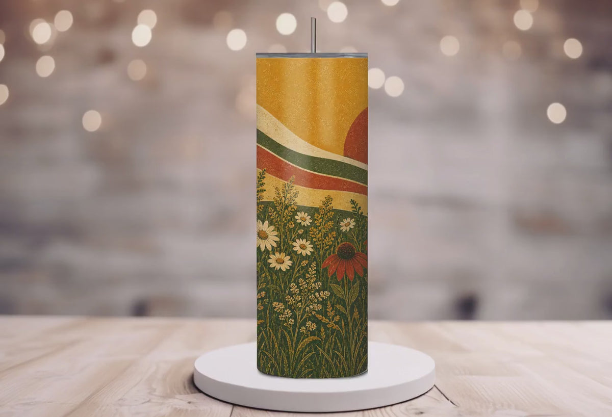 Retro Sunflower Skinny Tumbler, Boho Wildflower Cup, Sunflower Nature Gift